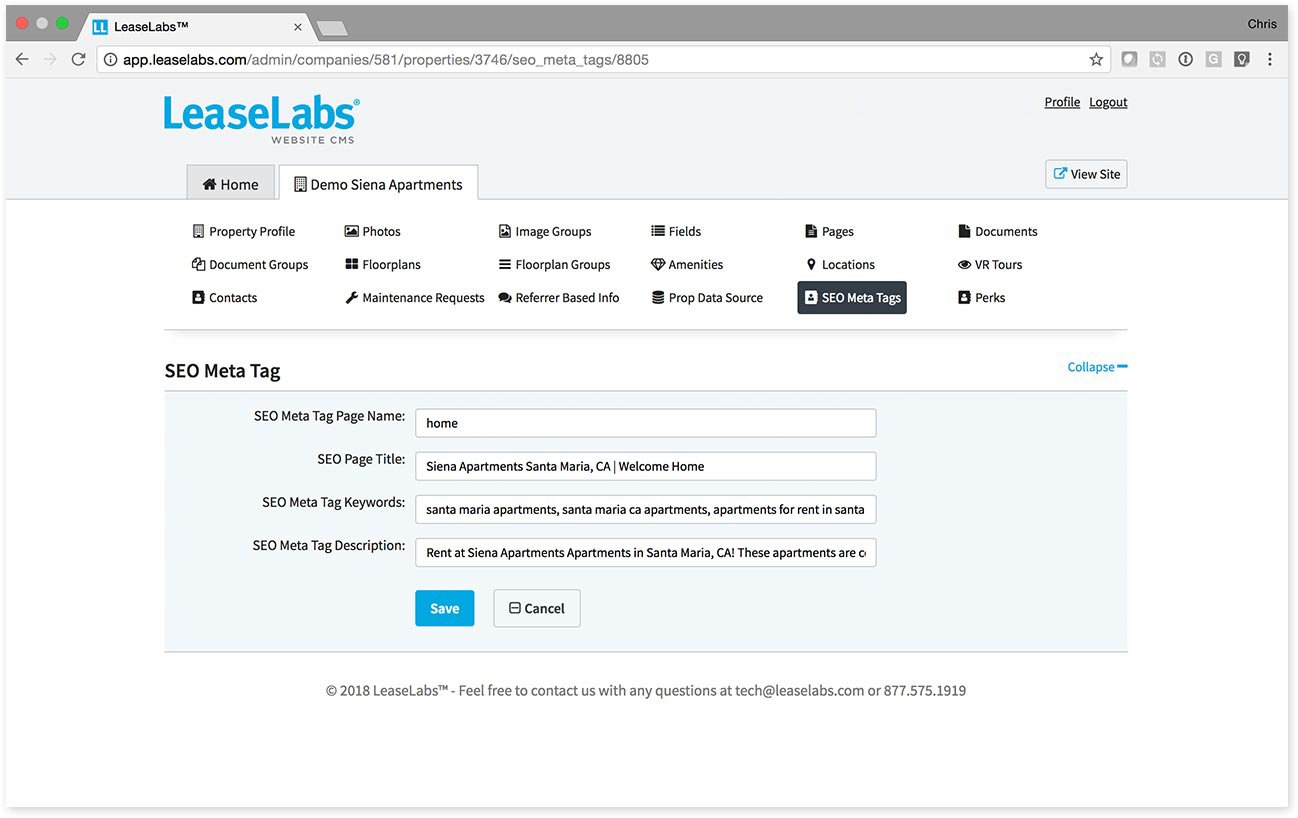 Screen Shot of Content Management System